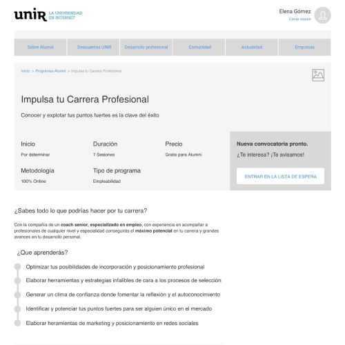 Prototipo de interacción en el que trabajé como UX writer para la Universidad de la Rioja, UNIR.